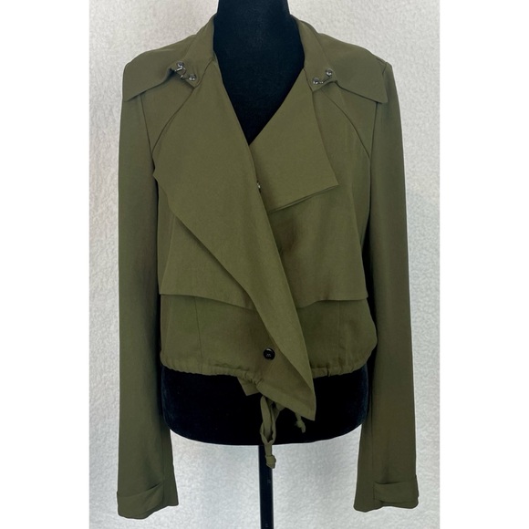 HAUTE HIPPIE • Olive Green Cropped Drawstring Trench Jacket, S - Picture 12 of 16